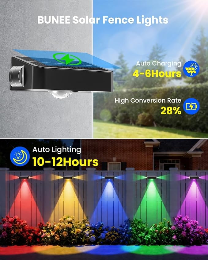 12 Pack Waterproof Solar Fence Lights for Outdoor 12 Modes Warm & Cool White RGB LED Spot Lens 3-Sided Solar Powered Wall Lighting, Decor for Outside Patio Step Backyard Deck Railing Pool