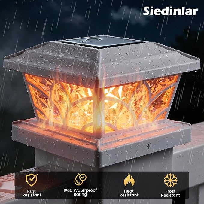SIEDiNLAR Flickering Flame Solar Post Cap Lights 4 Modes 4 Pack, Upgrade Model for 4x4 5x5 6x6 Vinyl/Wood Posts, Waterproof Outdoor Fence Deck Patio Decor, Warm White & Blue Light (White)