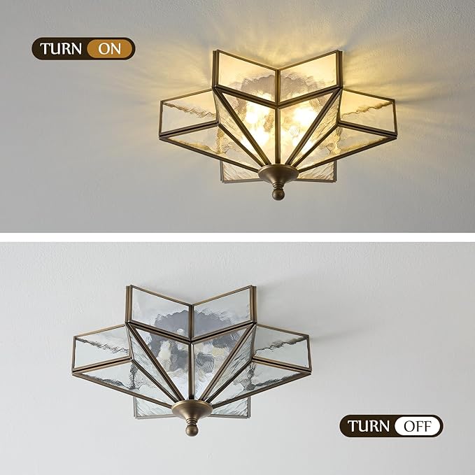 Star Brass Glass Ceiling Light - Small 12 Inch Black Bronze Hammered Flush Mount Fixture - Unique Art Deco Vintage Modern Lighting Lights for Bedroom Dining Entry Hall Hallway Outdoor Porch