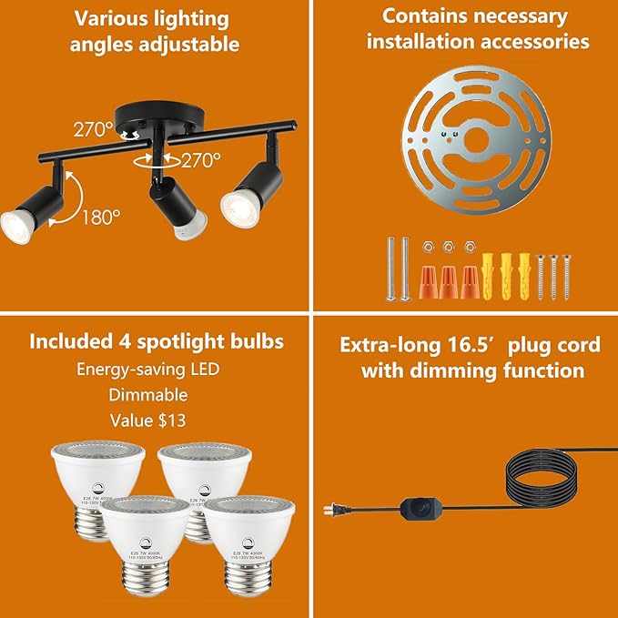 Dimmable 4 Light Black Plug in Track Light White Plug in Ceiling Lighting Fixture with 16.4' Long Cord,4 Way Ceiling Spotlight,Rotatable Wall Mount Light Head,LED dimmable Spot Bulbs Included