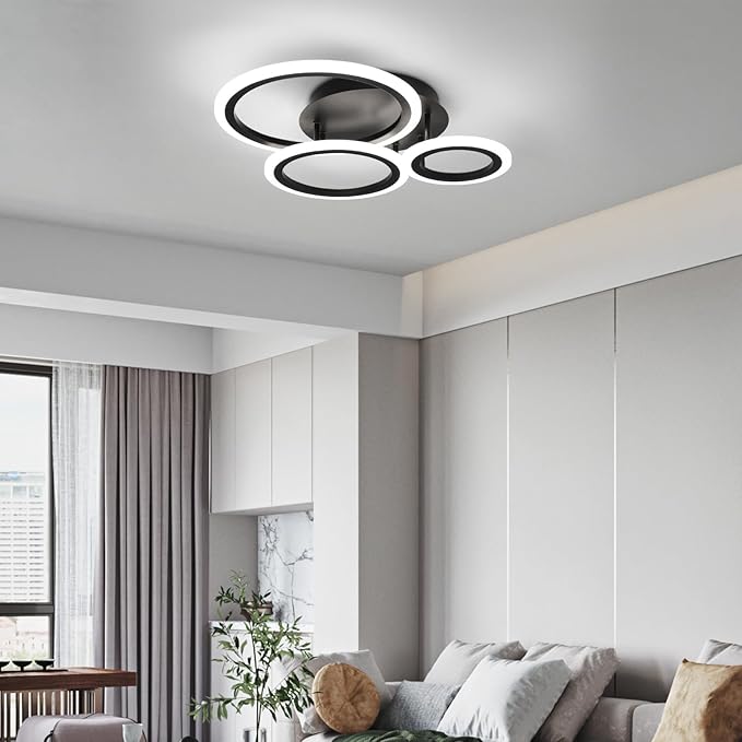 Acrylic Modern Led Ceiling Light 3 Rings Black Ceiling Light Fixture Dimmable Flush Mount Ceiling Light with Remote Control for Bedroom Dining Room Kitchen Office Lamp