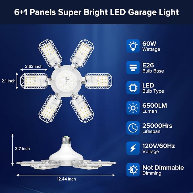 SANSI Garage Lights, 600W Equiv.Garage Lighting Ceiling LED，60W Super Bright Shop Light for Workshop, E26 5000K Daylight Screw in Bulbs with 6+1 Adjustable Panels, ETL Certified for Storage Room