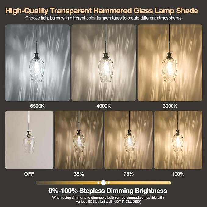 Modern Kitchen Pendant Lights,1-Light Nickel Pendant Light Fixtures with Hand-Blown Clear Glass Light Fixture for Kitchen Island Sink Dining Room Bedroom Hallway, E26 Bulb Not Includes