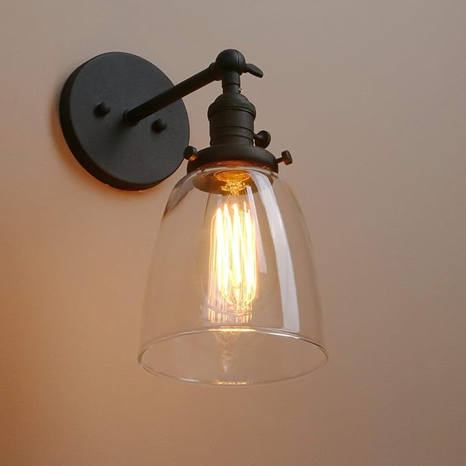 Pathson Loft Vintage Wall Light Dia 5.6" Wall Lamp with Oval Clear Glass Shade Design Vintage Industrial Home Wall Light Metal Base Cap Fixture Flush Mount Wall Sconce (Matte Black)