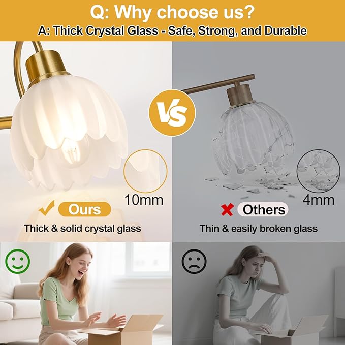 2-Light Bathroom Vanity Light, Brushed Gold Bathroom Light Fixtures with Ribbed Frosted Clear Tulip Glass Shades, Vanity Light Fixtures Over Mirror for Bedroom, Living Room, Hallway