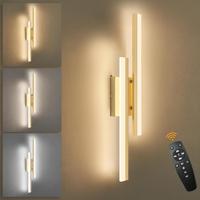 LED Wall Sconce Gold Modern Remote Wall Light Fixtures for Living Room, Dimmable LED Vanity Light Indoor Remote Wall Sconce for Bedside Bedroom Bathroom Dining Room, 23.6inch 1 Pack