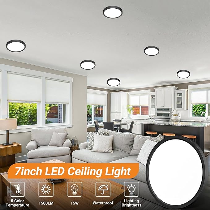 slochi 6Pack 1500LM LED Flush Mount Ceiling Light Fixture, 7 Inch 15W, Super Slim 0.7 Inch, 3000K-6500K Adjustable Round Black Ceiling Lights for Living Room,Bedroom,Kitchen,Bathroom,Hallway