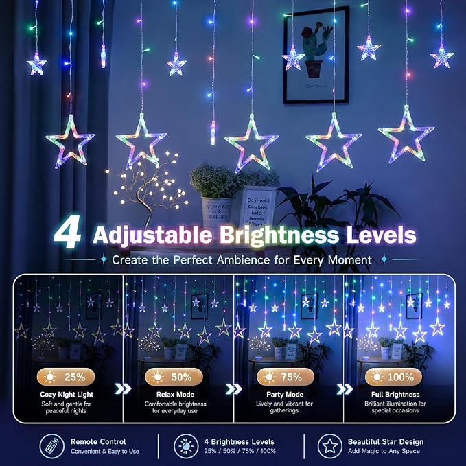 Vigdur Star Curtain String Lights, 12 Stars 138 LEDs Star Window Lights with Remote & 8 Flashing Modes Christmas String Lights for Christmas Wedding Party Home Decorations(8.2FT)