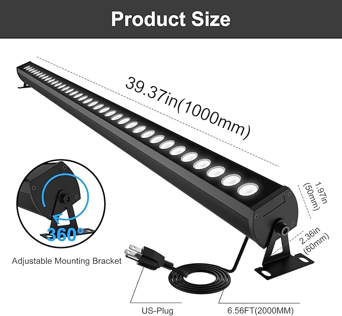 40″ LED Wall Washer Light Bar, 4000K Neutral White 36W Outdoor Light, IP65 120V AC Plug-in LED Flood Bar with 360° Adjustable Mount Brackets for Wall Wash Lighting, Landscape Uplighting
