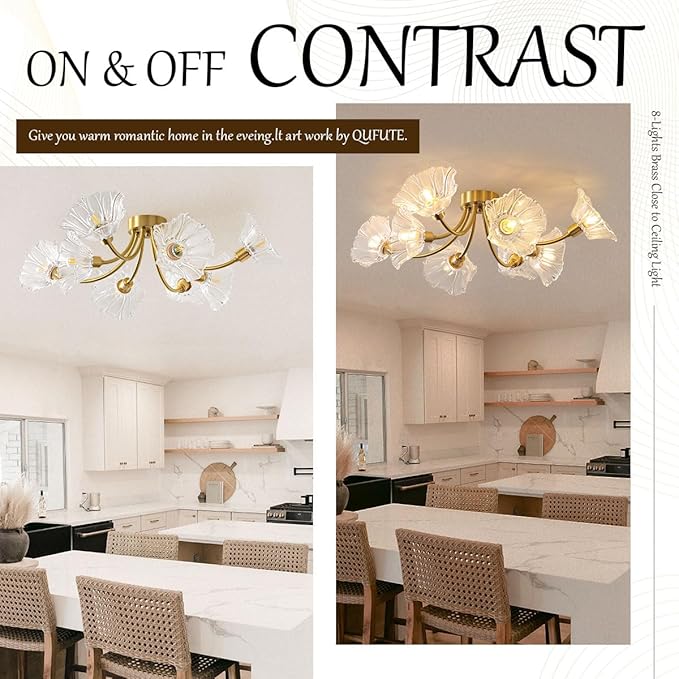 Sputnik Flush Mount Ceiling Light Fixture 8-Lights Brass Close to Ceiling Light with Clear Glass Flower Shape Mid Century Modern Ceiling Lighting Chandelier Bedroom Living Dining Room