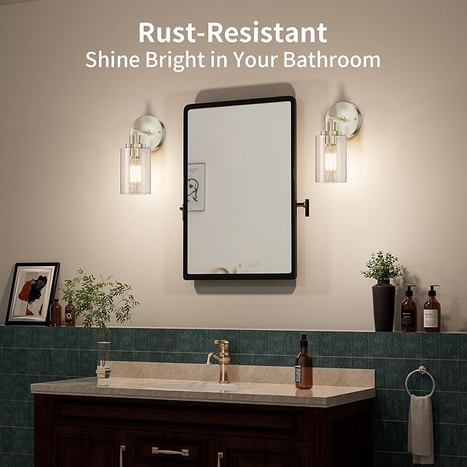 BUTHY Bathroom Wall Sconces Set of Two: Brushed Nickel Vanity Light Fixtures with E26 Base LED Cordless Indoor Wall Mount Lamp for Mirror Bedroom Hallway Stairway Modern Decor Lighting