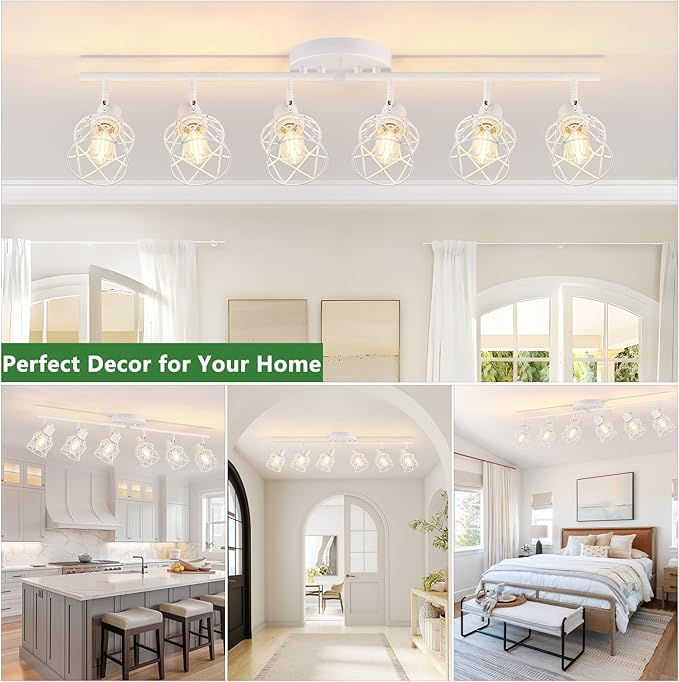 6-Lights White Semi Flush Mount Ceiling Light with Geometric Metal Cage, Modern Kitchen Track Lighting Fixtures Ceiling, Rotatable Close to Ceiling lamp for Entryway, Living Room, Hallway