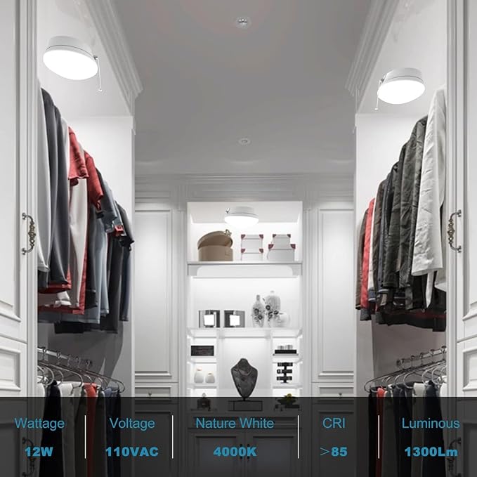 Lightdot 4 Pack 7” Modern LED Ceiling Light with Pull Chain 12W 4000K, 1300lm, 125W E26 Bulb Replacement, Energy Saving Flush Mount Lighting for Closets/Bedroom/Corridor