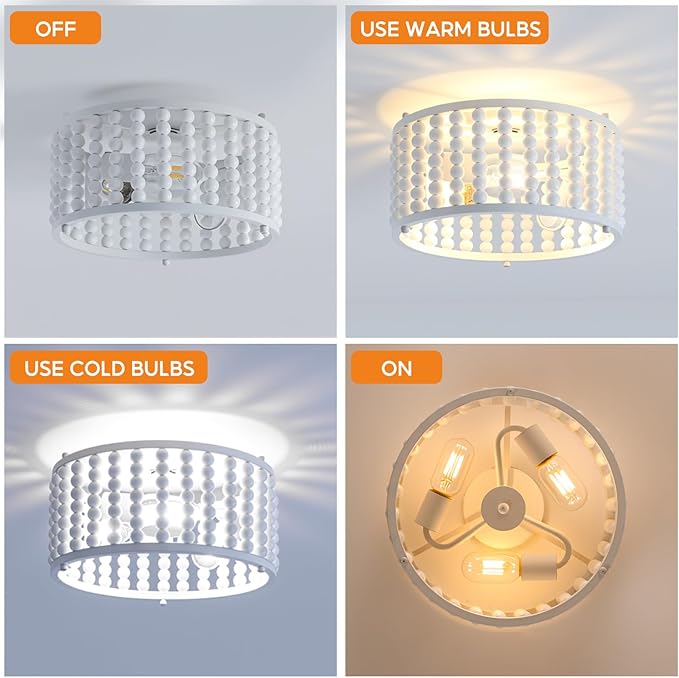 Luupyia White Beaded Boho Ceiling Light 3Lights, 12.79inches Wooden Bead Ceiling Light Fixture Mini Bohemian Chandelier Coastal Semi Flush Mount Overhead Lighting for Bedroom Hallway, E26