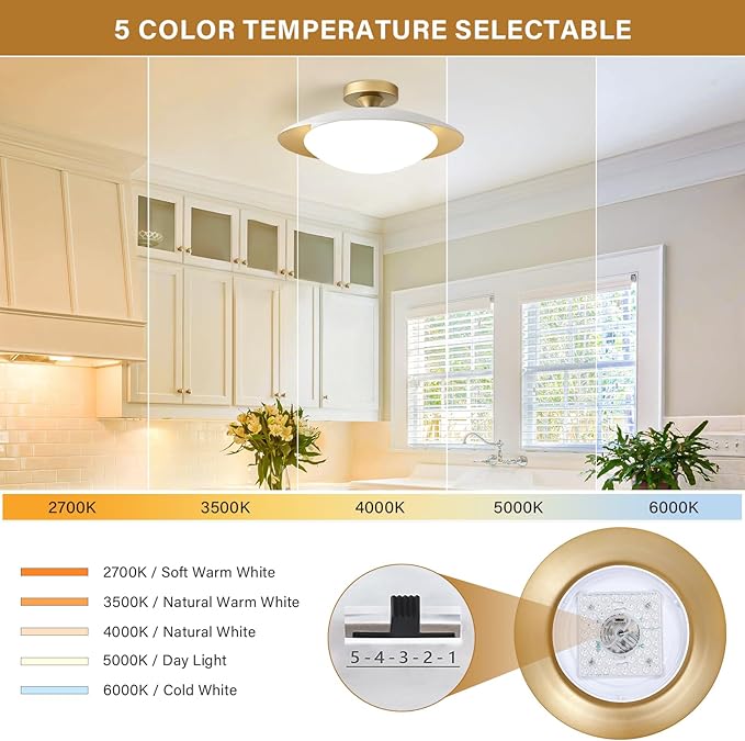 Dimmable Modern Mid-Century Ceiling Light, White and Gold LED Semi Flush Mount Ceiling Light, 5CCT 2700K-6000K Lighting Fixture Ceiling Lamp with Glass Shade for Bedroom Kitchen Living Room, 15.8in