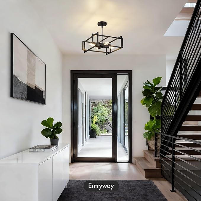 Modern Black Semi Flush Mount Ceiling Light Fixture 16.5", 4-Light Industrial Farmhouse Lighting for Kitchen Dining Room Living Room Entryway Bedroom Hallway, Sloped Ceiling Compatible, E26 Base