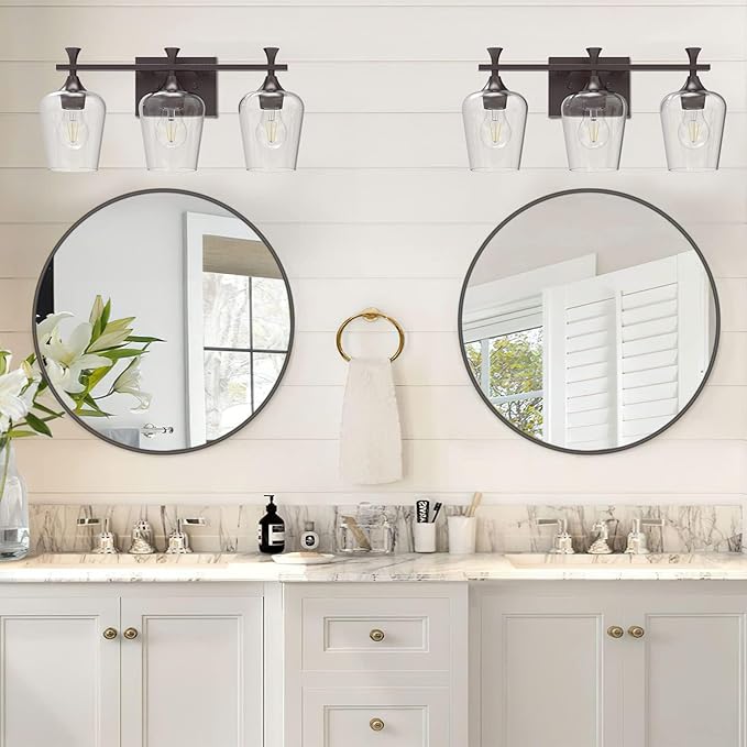3 Light Bathroom Vanity Light - Black Bathroom Lighting Fixtures Over Mirror, Modern Wall Sconces with Transparent Glass Lampshade for Bedroom Living Room Kitchen Cabinet Stair Hallway