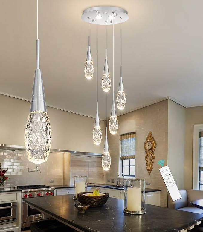 6-Lights Adjustable Pendant Lights for Kitchen Island LED Dimmable Light Fixture Modern Glam Crystal Hanging Lighting for Dining Room Bedroom Silver