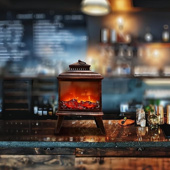 Simulated LED Fireplace Lantern USB & Battery Powered Flameless Light with Emulation Flame Table Decorative Lamp Copper Fireplace Ornament for Cozy Home Decor Free Standing Electric Log Burner