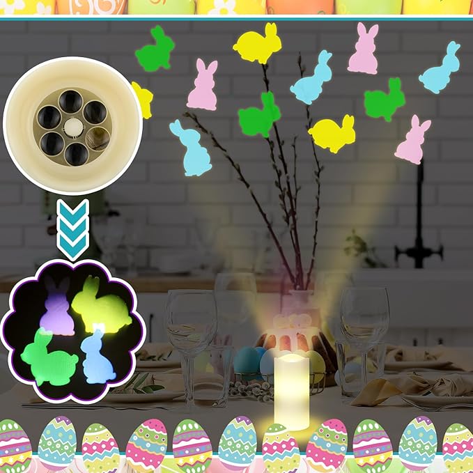 Baquler Easter Bunny Decor Flameless Candles Projector Lights Easter LED Candle Battery Operated Bunny Night Light with Remote Timer Gift Basket Party for Spring Farmhouse Table Home Decor