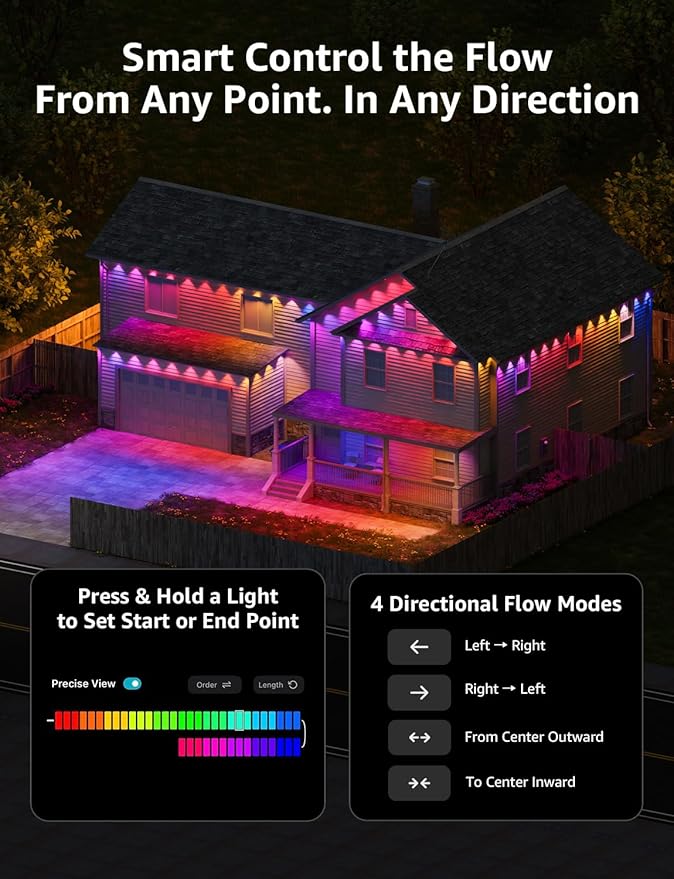 Lepro EE1 AI Permanent Outdoor Lights with Dual-Output, 300ft 180 LED RGB+IC Smart Outside Light for House Christmas Decor,Alexa Google Enabled 2.4 GHz WiFi/Bluetooth, APP Control No Remote Controller