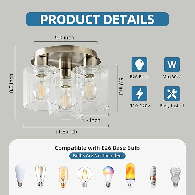 OKELI 3-Lights Semi Flush Mount Ceiling Light Fixture, Brushed Nickel Modern Close to Ceiling Light for Kitchen, Foyer, Entryway, Hallway, Dining Room, Clear Glass Shade