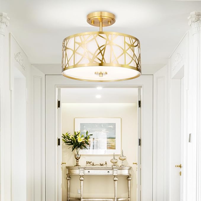 3-Light Semi Flush Mount Ceiling Light, 12.6" Drum Light with White Fabric Shade, Modern Close to Ceiling Lamp for Living Room Bedroom Dining Kitchen Hallway Entry Foyer (Brushed Gold)