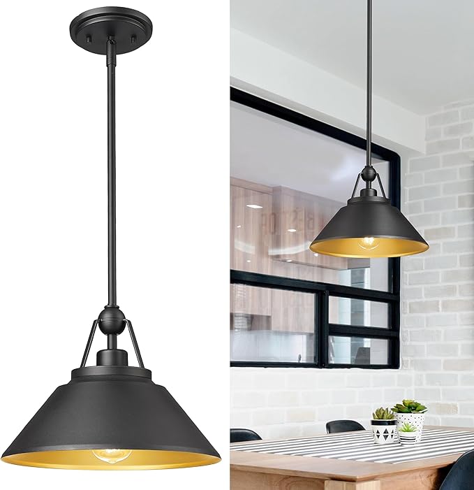 Barn Pendant Light Fixture, HWH 1-Light Hanging Lighting 12-Inch, Industrial Pendant Lights for Kitchen Island Farmhouse Dinning Room, Black and Gold Finish, 5HYS89MIL BK