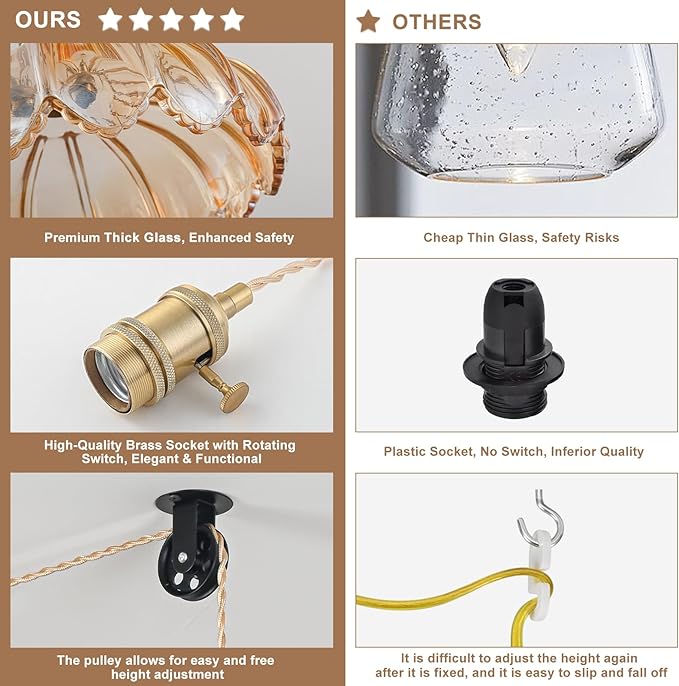 Plug in Pendant Light Fixtures, Hanging Light Fixture Glass Pendant Light, Vintage Amber Hanging Lamp, Pendant Lighting for Kitchen Island, Bedroom, Dining Room, Living Room