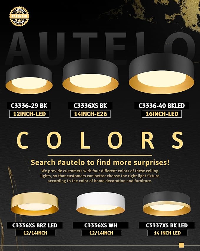 AUTELO Flush Mount Ceiling Light, 14" Frosted Glass Shade Close to Ceiling Light Fixture in Black Finish E26 Socket for Living Room Hallway Bedroom C3336XS BK
