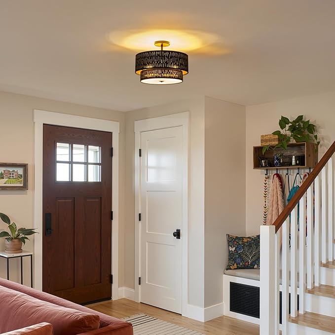 Drum Semi Flush Mount Lighting Fixture, Modern Semi Chandeliers, 2 Tier Fabric Ceiling Light, Black Fabric Shade 3-Light for Kitchen Island Bedroom Hallway Foyer, E26, W16xH12