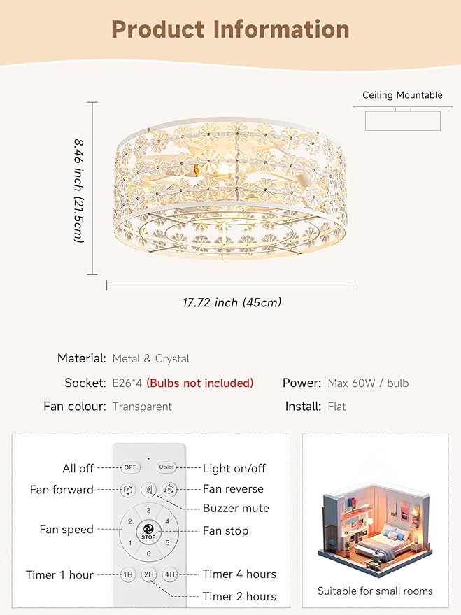 White Caged Ceiling Fan with Light and Remote, Modern Romantic Flower Crystal Ceiling Fans with Lights, Flush Mount Low Profile Fandelier, 6-Speed Reversible for Bedroom,Dining Room,Girls Room,Nursery