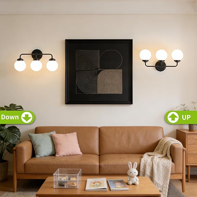 Bathroom Light Fixtures, 18.26'' Black Vanity Light, Modern 3 Lights Wall Sconce with Milky Glass Globe Shade, Mid-Century Bathroom Lighting Fixtures Over Mirror for Bathroom, Living Room