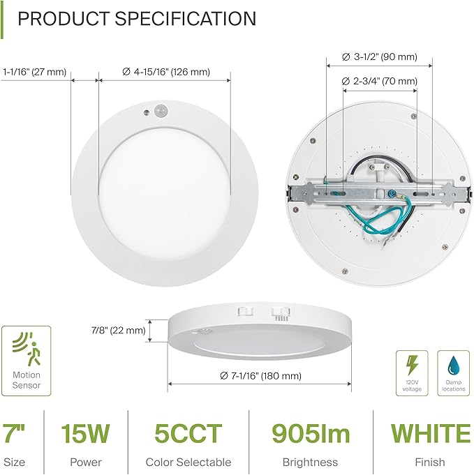 ASD LED 7" Round Flush Mount Ceiling Light Fixture, Low Profile Surface Lighting | 5CCT, Motion Sensored, Ultra-Thin, ETL Listed | 15W 900LM 2700-6000K 120V | Kitchen, Hallway Lamp | White, 12 Pack