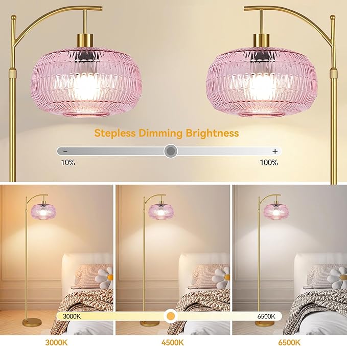 QIYIZM Pink Floor Lamp for Living Room,Bedroom,Gold Dimmable Standing Lamp with Remote,Mid Century Modern Brass Tall Lamp Boho Floor Lamps Arc Stained Glass Flower Floor Light Lamp Girls kids Bohemian