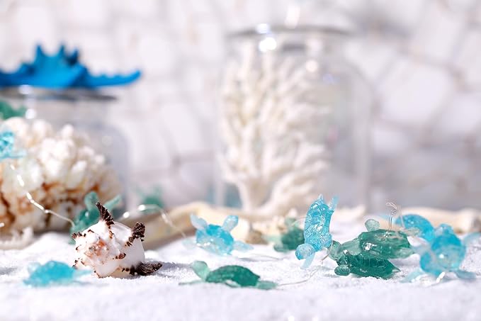 MIYA LIFE Blue Sea Turtle String Lights Battery Powered Summer Beach Decor with Remote Acrylic Sea Turtle Decor for Bathroom Shower Curtain