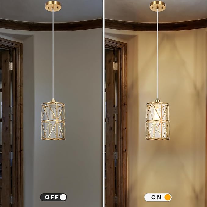 Brushed Gold Pendant Light, 5.4"×7.9" Dual-Shade Kitchen Island Lighting with Clear Glass Shade, E26 Adjustable Height 1"-61", UL Listed, for Dining Room Foyer Entryway — Bulbs Not Included