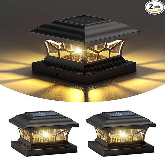 2 Pack Solar Post Cap Lights Outdoor Waterproof, Fits 4x4, 5x5, 6x6 Wooden & Vinyl Fence Decks with Warm & Cool White Light Modes (Classic Black, 2)