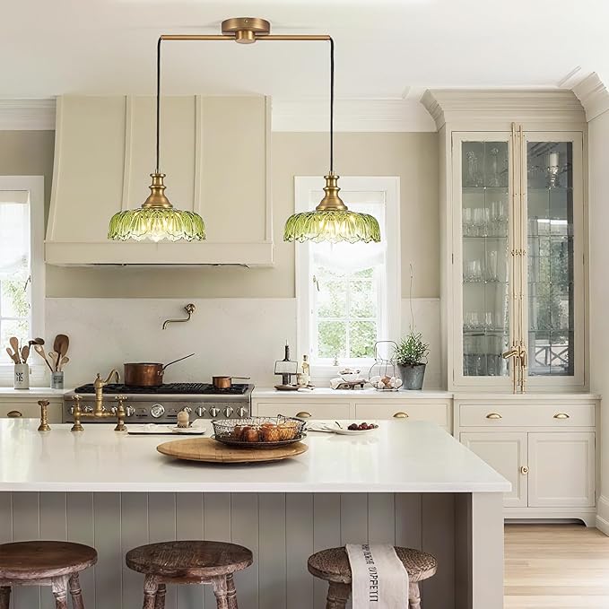HDDFL Vintage Pendant Lighting Fixtures Modern Glass Hanging Lamp with Adjustable Cord for Kitchen Island Dining Room Hallway 2 Light Brass and Green