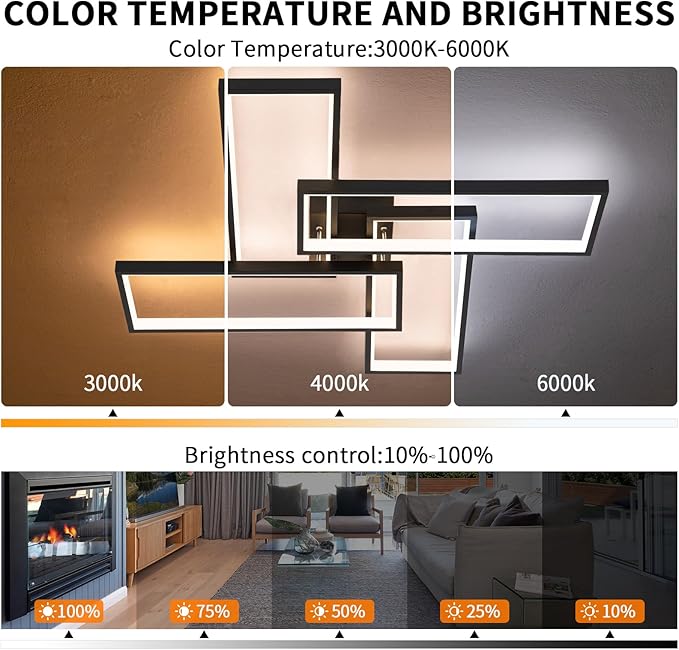 Shine LUEST Modern LED Ceiling Lights for Bedroom 26" Dimmable Square Ceiling Lights for Living Room with Remote Control Black Bedroom Light Fixture for Kitchen,Bathroom,Balcony