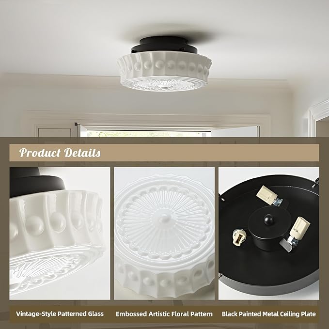 Milk Glass Schoolhouse Ceiling Light - Small 12 Inch Vintage Mid Century Modern Flush Mount Lighting Fixtures - Antique Art Deco Lamp for Hallway Bedroom Kitchen Entryway Laundry Foyer Bathroom Hall