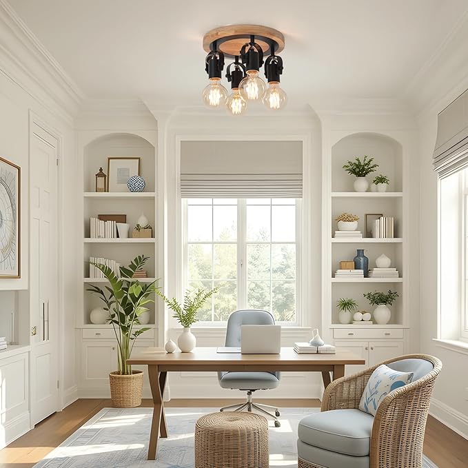 SEEBLEN 4-Light Round Flush Mount Ceiling Light，Adjustable Farmhouse Kitchen Track Light with Wood Base, Multi-Directional Dining Room Light for Island Hallway Entryway Bedroom.