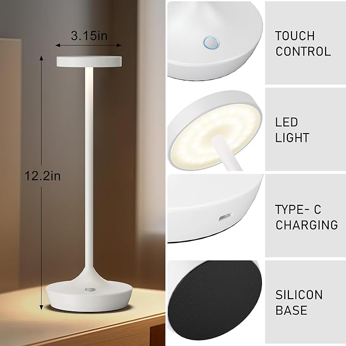 YHT Cordless Rechargeable Table Lamp - 6000mAh Portable LED Battery Operated Table Light - Outdoor Waterproof Dimmable Table Lamps for Restaurant Dining Bedroom Bars Home Patio Outdoor (White 2P)
