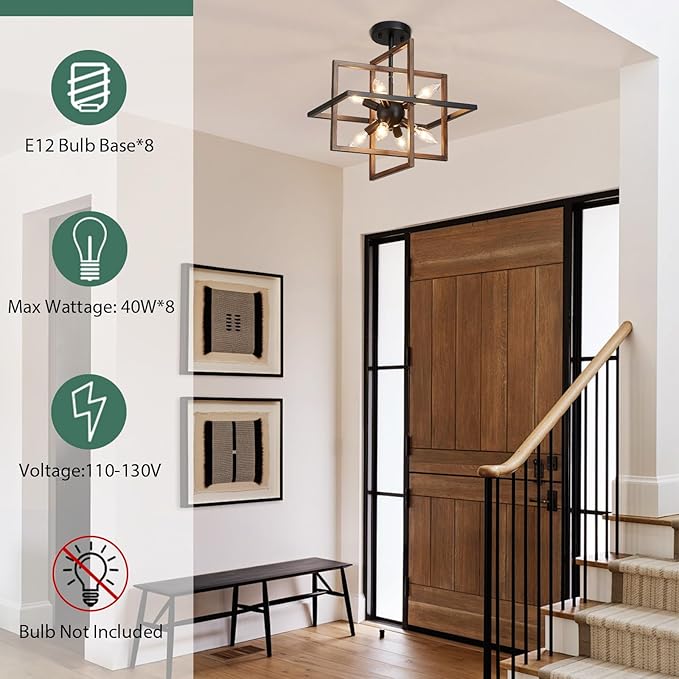Black Farmhouse Chandelier Ceiling Light Fixtures, 8-Light Geometric Pendant Light Height Adjustable Faux-Walnut Grain Metal Lamp for Entryway, Foyer, Stairway, Hallway, Living Room