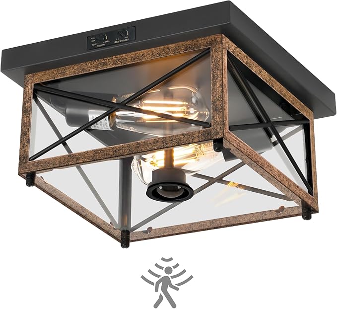 Outdoor Ceiling Light with Motion Sensor, Flush Mount Porch Ceiling Lights Outdoor, 2-Light Farmhouse Metal Close to Ceiling Light Fixture for Patio, Hallway, Garage, Rustic Brown FT09XD05W1