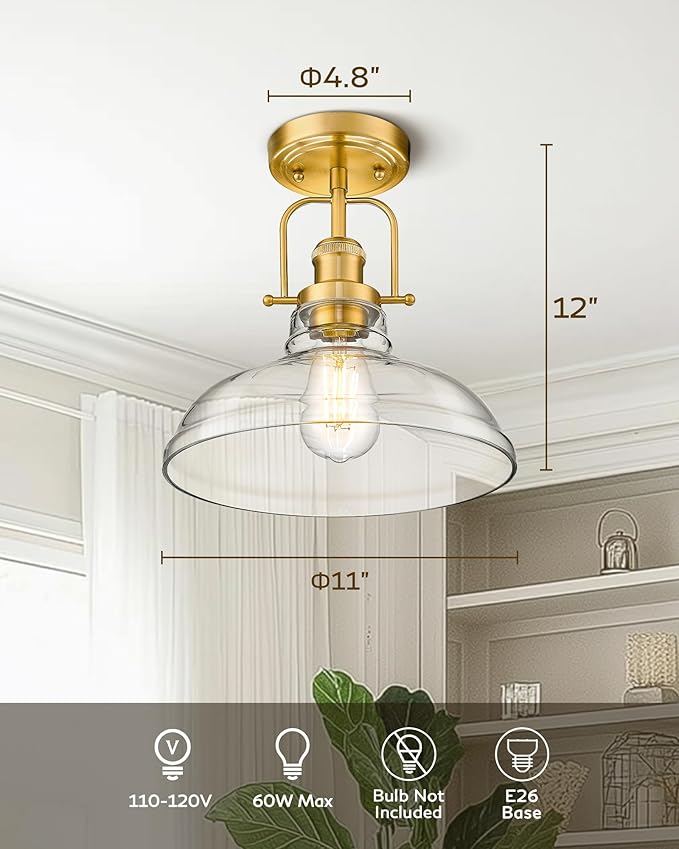 FEMILA Semi Flush Mount Ceiling Light, Farmhouse Close to Ceilight Lighting Fixture, Champagne Bronze Finish for Dingning Room Kitchen Hallway Porch,Clear Glass Pendant Lamp Shade, 4FY09-F BG