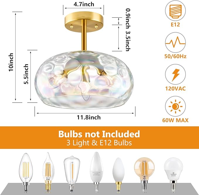 Gold Semi Flush Mount Ceiling Light, 12''& 3-Bulb Vintage Ceiling Light Fixture, Stained Glass Shade Hanging Hammered Lampshade for Hallway, Kitchen, Farmhouse, Foyer, Bedroom - Bulbs Not Included