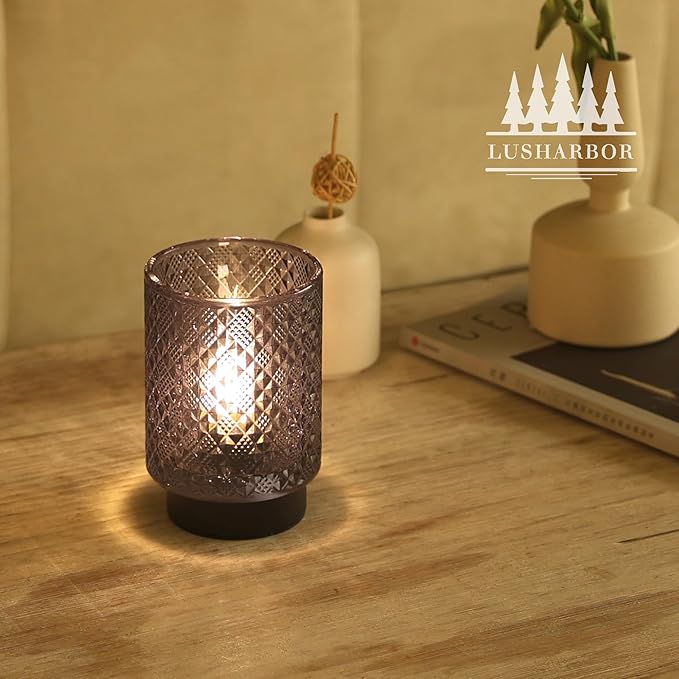LUSHARBOR Battery Operated Lamp with Timer, Small Decorative Table Lamp Ambient, Glass Cordless Lamps Bedside Battery Powered Lamp for Bookshelf, Entryway Diamond Design-Grey