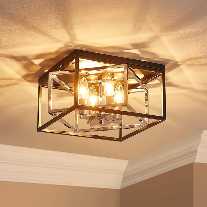 AGV LIGHTING CL035S Modern Flush Mount Ceiling Light Fixture, Square Ceiling Light, E12 Base 3-Lights, L12 x W12 x H7, Matte Black & Chrome Finish