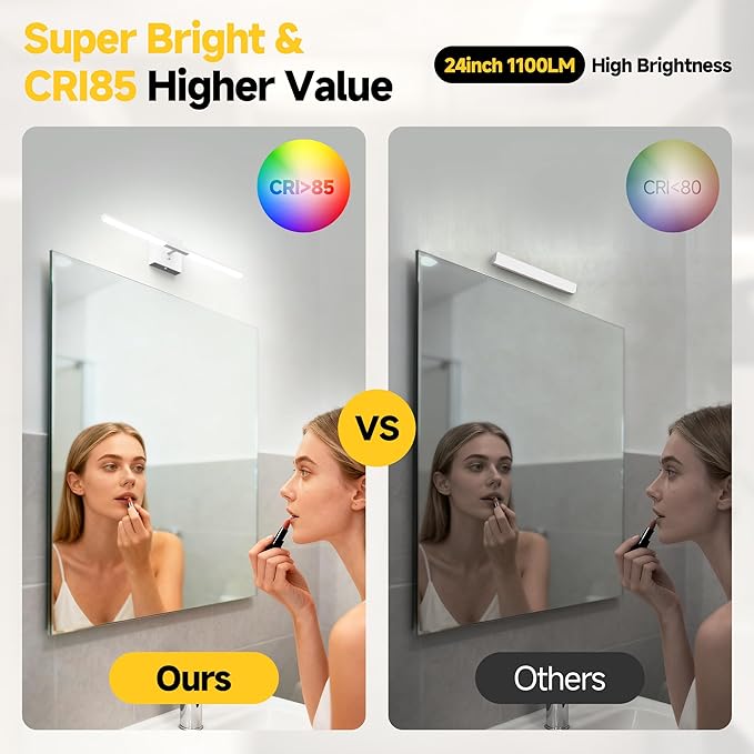 Vanity Lights 24 inch, 4-Level Brightness Built-in Dimmer, 14W Dimmable 5CCT Bathroom Light Fixtures Over Mirror, Baked Matte Grey Vanity Lights for Bathroom Mirror Cabinets Bedroom-FCC & ETL